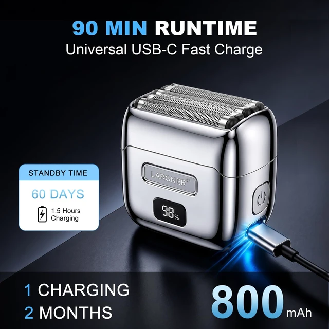 Alt view image 6 of 7 - Electric Foil Shaver for Men, Full Metal Electric Razor with 14000 RPM 5 Floating Blades, Waterproof Mini Razor, Rechargeable Shavers Quiet Beard Trimmer LED Display Travel Lock