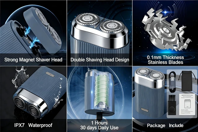 Alt view image 2 of 7 - Dual Head Electric Shaver for Men, Rechargeable USB Portable Razor, Wet & Dry Washable Rotary Shaver, Compact Travel Shaver (Navy Blue)