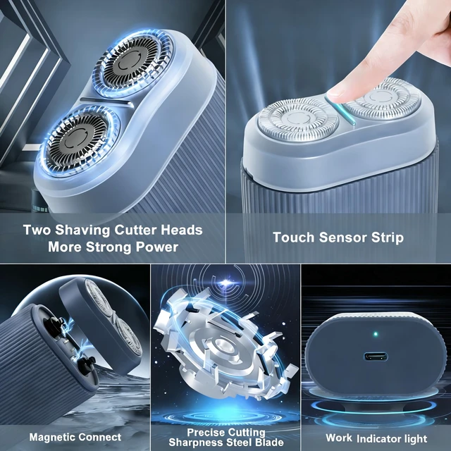 Alt view image 5 of 7 - Dual Head Electric Shaver for Men, Rechargeable USB Portable Razor, Wet & Dry Washable Rotary Shaver, Compact Travel Shaver (Navy Blue)