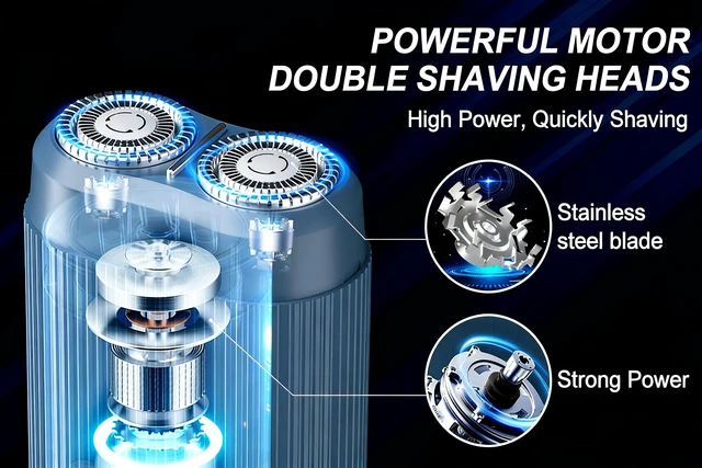 Alt view image 6 of 7 - Dual Head Electric Shaver for Men, Rechargeable USB Portable Razor, Wet & Dry Washable Rotary Shaver, Compact Travel Shaver (Navy Blue)