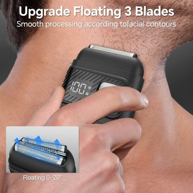 Alt view image 2 of 7 - Electric Foil Shavers for Men, Waterproof Mini Electric Razor | 90 Min Runtime, 3 Floating Blades, Battery LED Display USB-C Fast Charge, Portable Travel Shaver, Dry And Wet Use