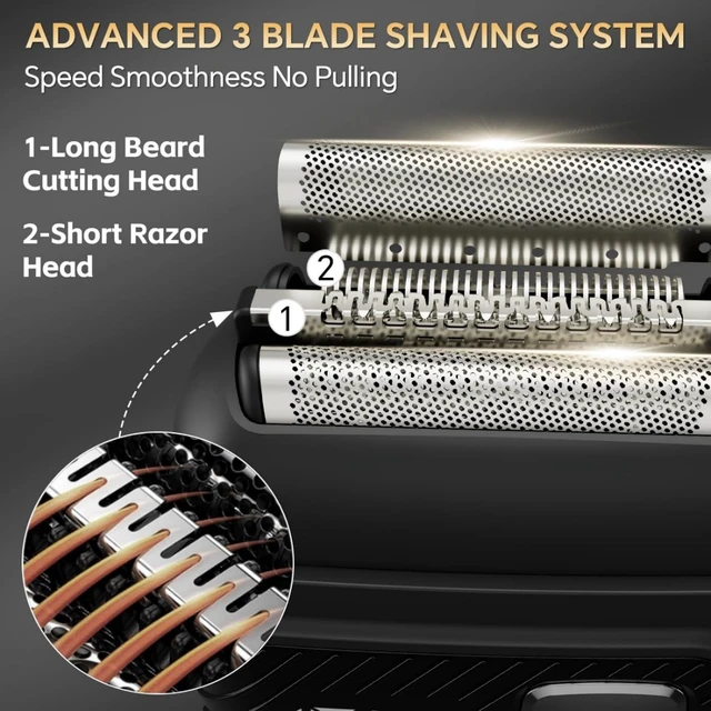 Alt view image 3 of 7 - Electric Foil Shavers for Men, Waterproof Mini Electric Razor | 90 Min Runtime, 3 Floating Blades, Battery LED Display USB-C Fast Charge, Portable Travel Shaver, Dry And Wet Use