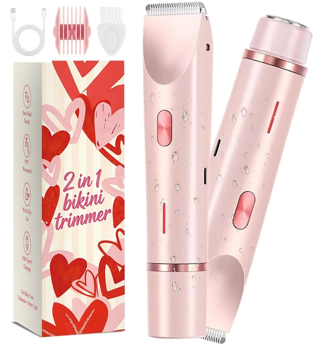Main image of Bikini Trimmer for Women 2-in-1 Waterproof Electric Shaver,Pink2 | Dual-head design for face & body, wet/dry use, painless shaving, and cordless build for smooth, silky results anywhere