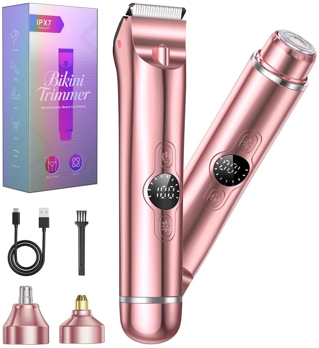 Main image of 4 in 1 Bikini Trimmer for Women - 2-in-1 Dual Head, IPX7 Waterproof, Rechargeable, Body and Face Shaver for Bikini Line, Pubic Hair, Legs and Underarms
