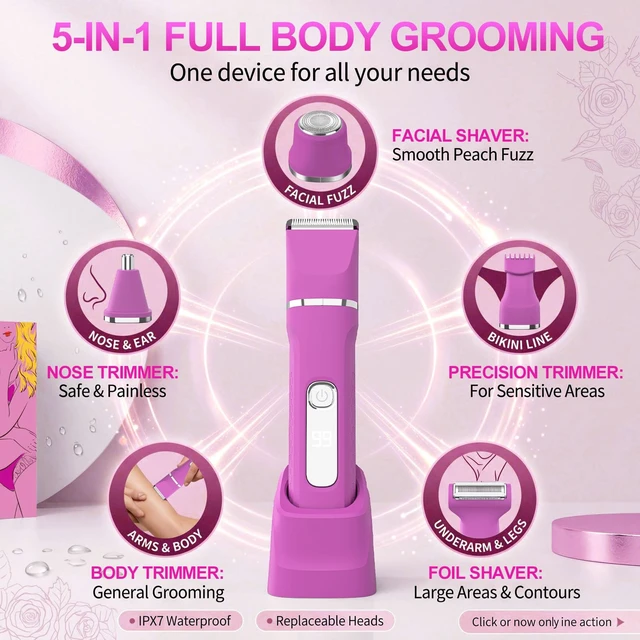 Alt view image 3 of 7 - Bikini Trimmer for Women,Electric Shaver for Women, IPX7 Waterproof Razor Shaver,Women's Electric Razor,Intimate Shaver for Women,with 5 Blades,Charging Cable,Recharge DockRose Pink