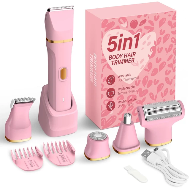 Main image of 5-in-1 Electric Bikini Trimmer for Women IPX7 Waterproof Shaver, Cordless Body & Facial Razors for Women, Ceramic Blades, USB-C Rechargeable, Painless Hair Removal Kit (Pink)