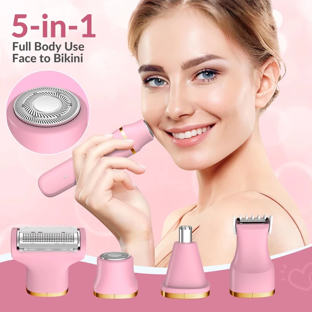 Alt view image 4 of 7 - 5-in-1 Electric Bikini Trimmer for Women IPX7 Waterproof Shaver, Cordless Body & Facial Razors for Women, Ceramic Blades, USB-C Rechargeable, Painless Hair Removal Kit (Pink)
