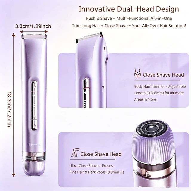 Alt view image 5 of 7 - Bikini Trimmer for Women IPX7 Waterproof Dual-Head Body Razor,Purple | Dual-head design for face & body, IPX7 waterproof for wet/dry use, hypoallergenic blades, rechargeable with long-lasting