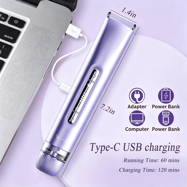 Alt view image 4 of 7 - Bikini Trimmer for Women IPX7 Waterproof Dual-Head Body Razor,Purple | Dual-head design for face & body, IPX7 waterproof for wet/dry use, hypoallergenic blades, rechargeable with long-lasting