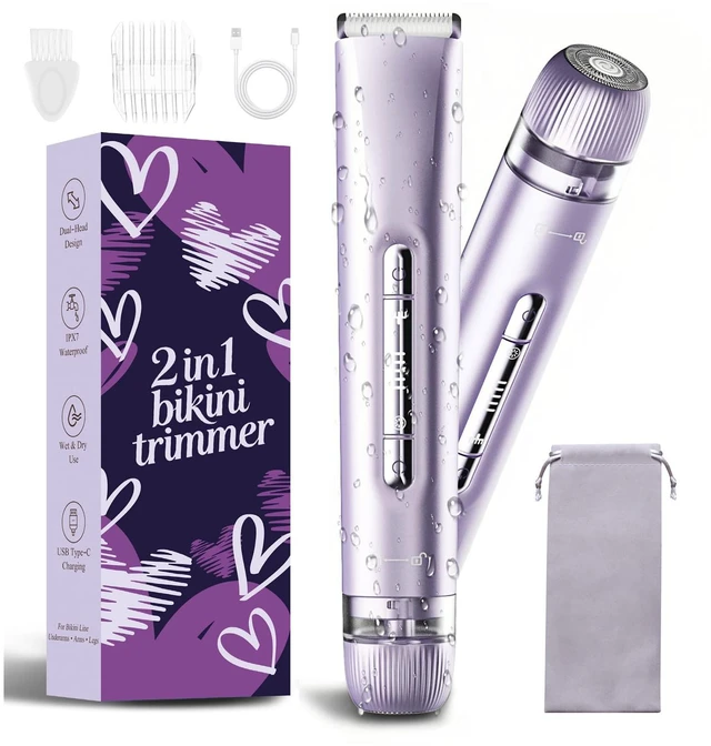 Main image of Bikini Trimmer for Women IPX7 Waterproof Dual-Head Body Razor,Purple | Dual-head design for face & body, IPX7 waterproof for wet/dry use, hypoallergenic blades, rechargeable with long-lasting
