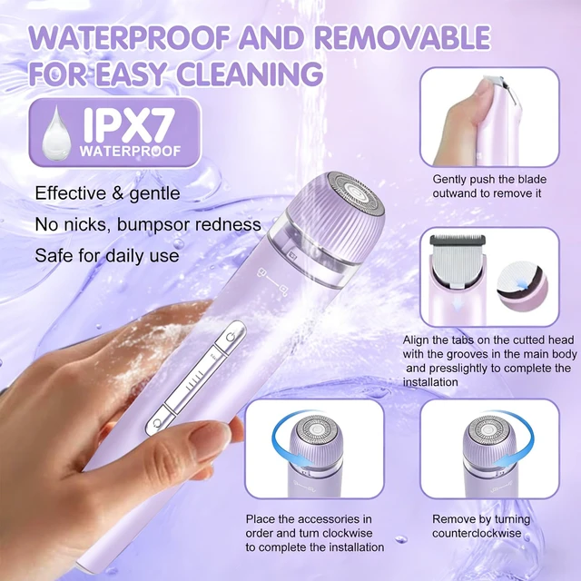 Alt view image 6 of 7 - Bikini Trimmer for Women IPX7 Waterproof Dual-Head Body Razor,Purple | Dual-head design for face & body, IPX7 waterproof for wet/dry use, hypoallergenic blades, rechargeable with long-lasting