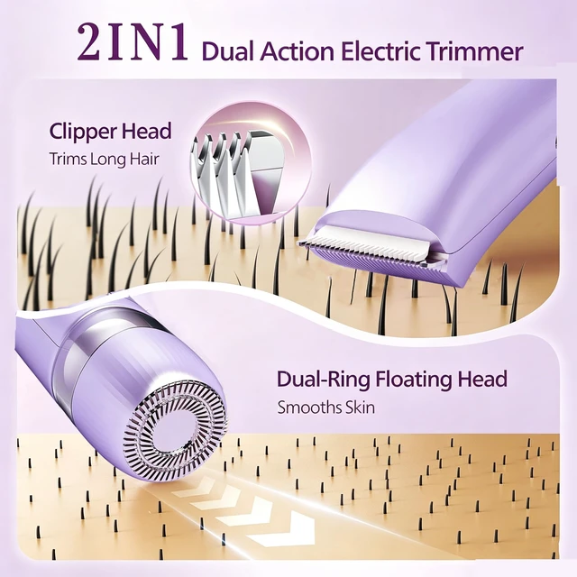 Alt view image 3 of 7 - Bikini Trimmer for Women IPX7 Waterproof Dual-Head Body Razor,Purple | Dual-head design for face & body, IPX7 waterproof for wet/dry use, hypoallergenic blades, rechargeable with long-lasting