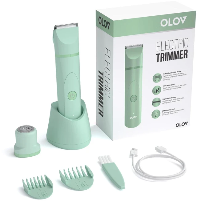 Alt view image 2 of 6 - Electric Body Hair Trimmer - Groin Trimmer for Men - Bikini Trimmer Women - Wet/Dry Shaver Groomer, Replaceable Ceramic Blade Heads, USB Recharge Dock, Waterproof Hygiene Razor, Green