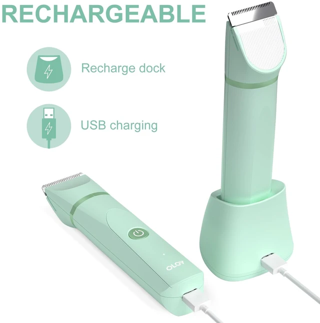 Alt view image 5 of 6 - Electric Body Hair Trimmer - Groin Trimmer for Men - Bikini Trimmer Women - Wet/Dry Shaver Groomer, Replaceable Ceramic Blade Heads, USB Recharge Dock, Waterproof Hygiene Razor, Green