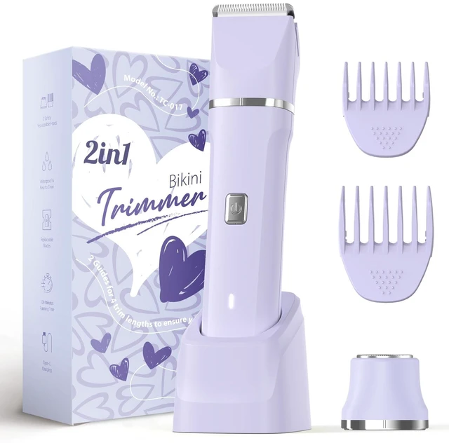 Main image of 2-in-1 Bikini Trimmer for Women, Women's Electric Razor, Face Shaver | IPX7 Waterproof, Rechargeable, Ceramic Blades, Body Head, Guide Combs for Bikini Area, Pubic Hair, Legs, Underarms; Wet/Dry