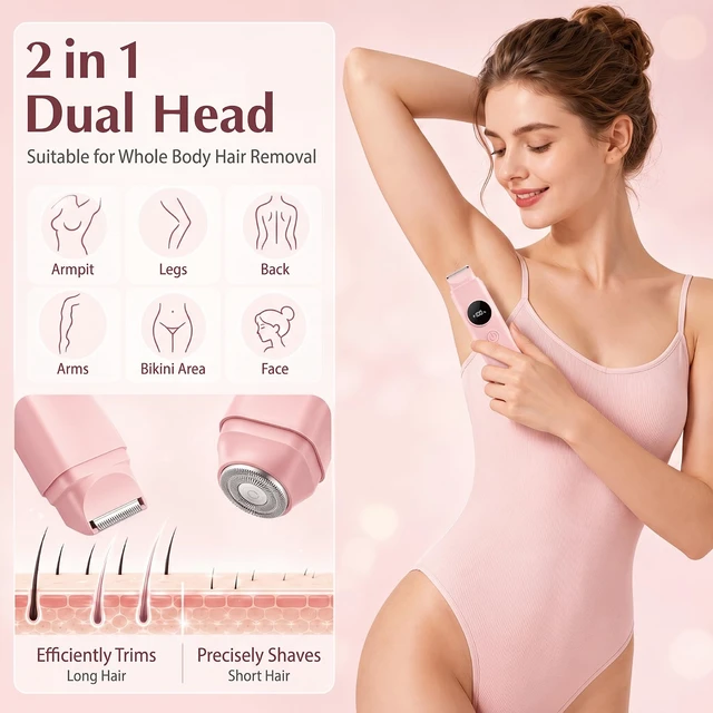 Alt view image 3 of 7 - 2-in-1 Waterproof Bikini Trimmer for Women, Electric Razors for Women, Pink | Bikini Trimmer Stainless Steel Dual Head, Waterproof Wet/Dry, USB Rechargeable Bikini Shaver, Cordless & Easy Clean