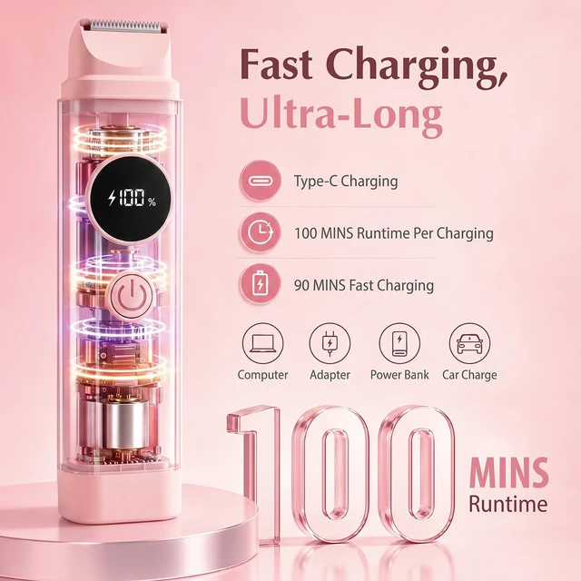 Alt view image 4 of 7 - 2-in-1 Waterproof Bikini Trimmer for Women, Electric Razors for Women, Pink | Bikini Trimmer Stainless Steel Dual Head, Waterproof Wet/Dry, USB Rechargeable Bikini Shaver, Cordless & Easy Clean