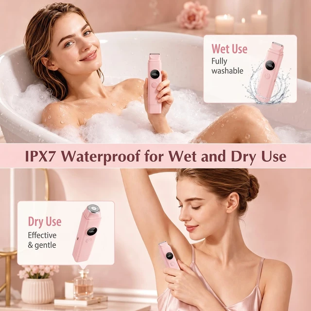 Alt view image 5 of 7 - 2-in-1 Waterproof Bikini Trimmer for Women, Electric Razors for Women, Pink | Bikini Trimmer Stainless Steel Dual Head, Waterproof Wet/Dry, USB Rechargeable Bikini Shaver, Cordless & Easy Clean