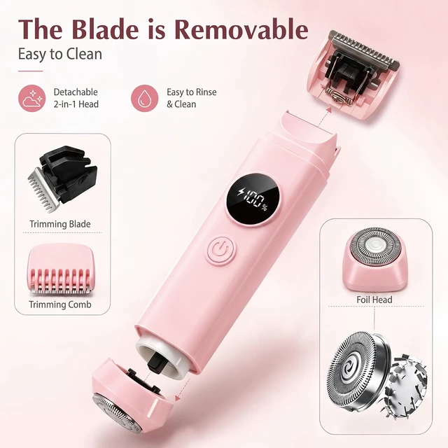 Alt view image 7 of 7 - 2-in-1 Waterproof Bikini Trimmer for Women, Electric Razors for Women, Pink | Bikini Trimmer Stainless Steel Dual Head, Waterproof Wet/Dry, USB Rechargeable Bikini Shaver, Cordless & Easy Clean