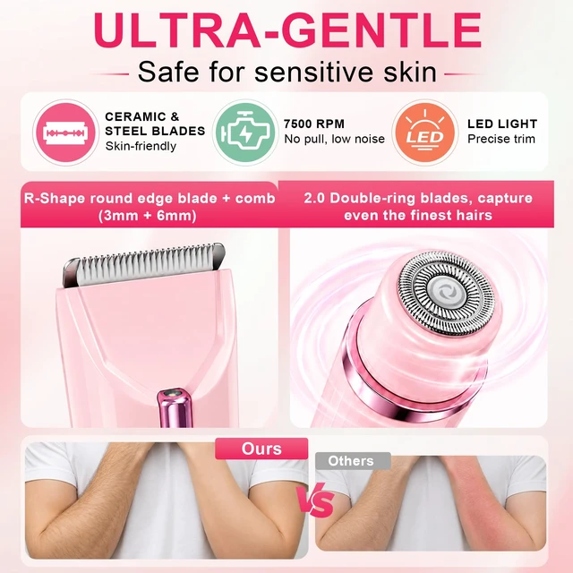 Alt view image 2 of 7 - 2-in-1 Bikini Trimmer for Women, Electric Razor with for Sensitive Skin | 2-in-1 Body Grooming Set with 3 Eyebrow Trimmer, Suitable for Underarms, Pubic Hair, Legs, Arms and Face
