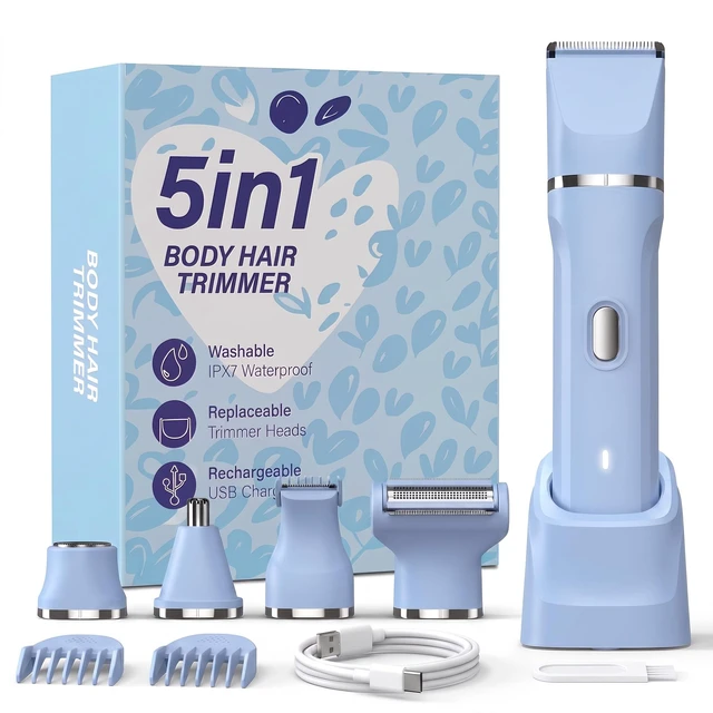 Main image of 5-in-1 Bikini Trimmer for Women, Electric Razors Shaver | IPX7 Waterproof, Cordless Body Hair Trimmer, Ceramic Blade, Facial & Pubic Hair Removal, Travel Portable (Blue)