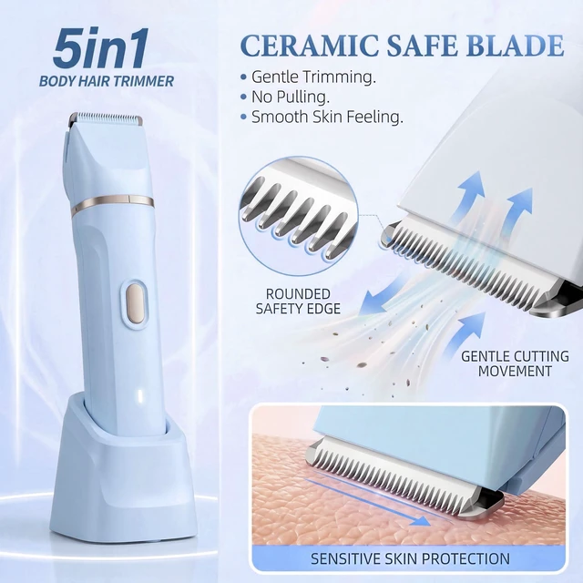 Alt view image 3 of 7 - 5-in-1 Bikini Trimmer for Women, Electric Razors Shaver | IPX7 Waterproof, Cordless Body Hair Trimmer, Ceramic Blade, Facial & Pubic Hair Removal, Travel Portable (Blue)