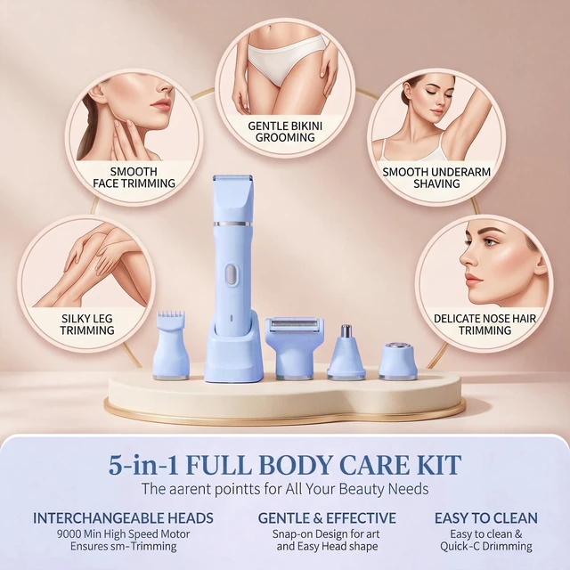 Alt view image 6 of 7 - 5-in-1 Bikini Trimmer for Women, Electric Razors Shaver | IPX7 Waterproof, Cordless Body Hair Trimmer, Ceramic Blade, Facial & Pubic Hair Removal, Travel Portable (Blue)