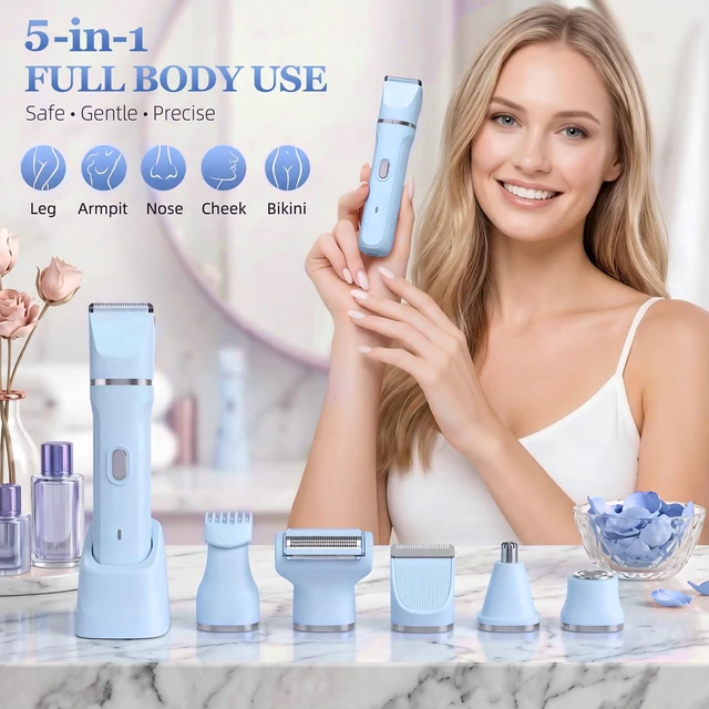 Alt view image 2 of 7 - 5-in-1 Bikini Trimmer for Women, Electric Razors Shaver | IPX7 Waterproof, Cordless Body Hair Trimmer, Ceramic Blade, Facial & Pubic Hair Removal, Travel Portable (Blue)