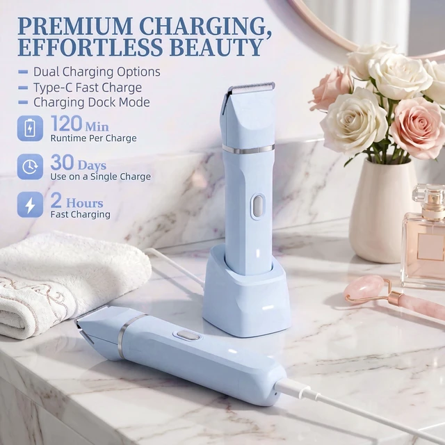 Alt view image 4 of 7 - 5-in-1 Bikini Trimmer for Women, Electric Razors Shaver | IPX7 Waterproof, Cordless Body Hair Trimmer, Ceramic Blade, Facial & Pubic Hair Removal, Travel Portable (Blue)