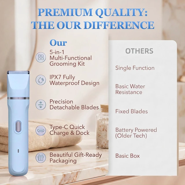 Alt view image 7 of 7 - 5-in-1 Bikini Trimmer for Women, Electric Razors Shaver | IPX7 Waterproof, Cordless Body Hair Trimmer, Ceramic Blade, Facial & Pubic Hair Removal, Travel Portable (Blue)