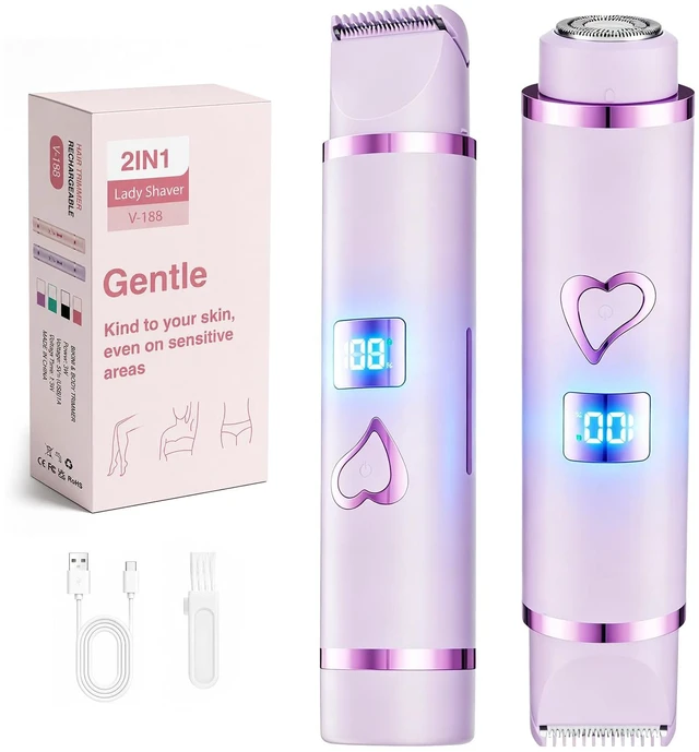 Main image of Bikini Trimmer for Women IPX7 Waterproof, Electric Razors,Purple | 2-in-1 body head with hypoallergenic blades,IPX7 waterproof for wet/dry use, and cordless fast USB charging