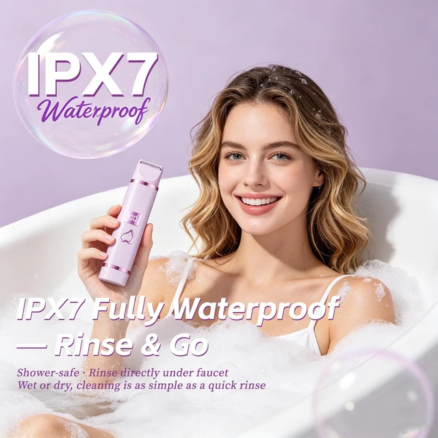 Alt view image 7 of 7 - Bikini Trimmer for Women IPX7 Waterproof, Electric Razors,Purple | 2-in-1 body head with hypoallergenic blades,IPX7 waterproof for wet/dry use, and cordless fast USB charging
