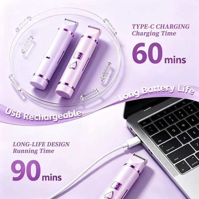 Alt view image 4 of 7 - Bikini Trimmer for Women IPX7 Waterproof, Electric Razors,Purple | 2-in-1 body head with hypoallergenic blades,IPX7 waterproof for wet/dry use, and cordless fast USB charging