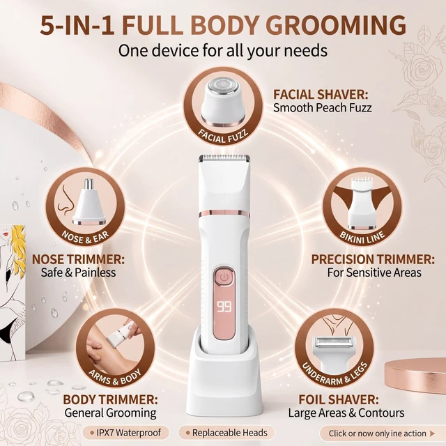 Alt view image 3 of 7 - Bikini Trimmer for Women,Electric Shaver for Women, IPX7 Waterproof Razor Shaver,Women's Electric Razor,Intimate Shaver for Women,with 5 Blades,USB-C Rechargeable,Recharge DockWhite