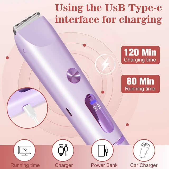 Alt view image 7 of 7 - Bikini Trimmer for Women 2in1 High Power Epilators Hair Removal Waterproof Electric Razors Women's Electric Razor Pubic Hair Trimmer Shaver for Women for Ladies PubicFace UnderarmsLegs(Purple)
