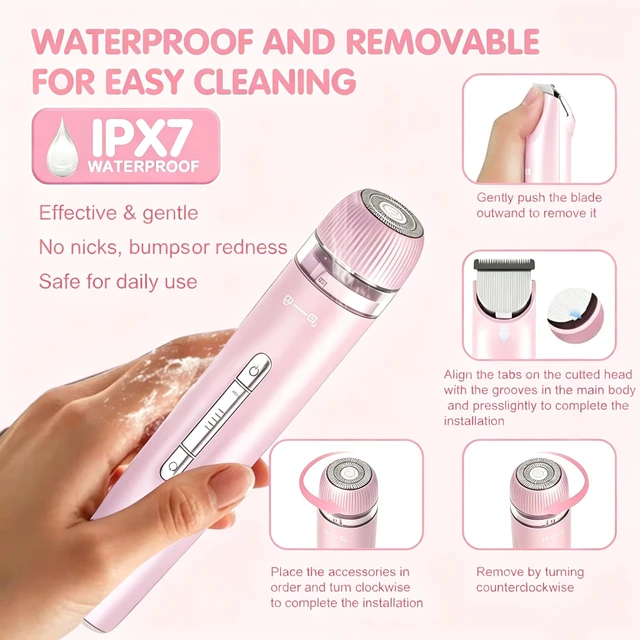 Alt view image 7 of 7 - Bikini Trimmer for Women 2-in-1 Waterproof Electric Shaver,Blush Pink | Dual-head design for face & body, wet/dry use, painless shaving, and cordless build for smooth, silky results anywhere