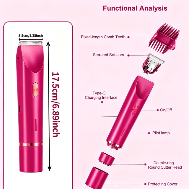 Alt view image 7 of 7 - Bikini Trimmer for Women 2-in-1 Waterproof Electric Shaver,Raspberry Pink | Dual-head design for face & body, wet/dry use, painless shaving, and cordless build for smooth, silky results anywhere