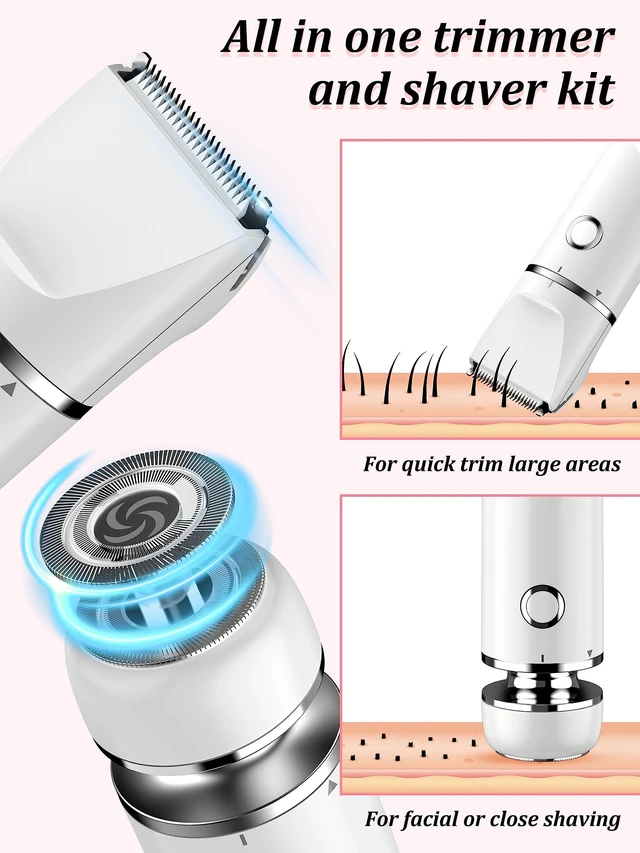 Alt view image 3 of 7 - Bikini Trimmer and Shaver Kit for Women - 2-in-1 Wet/Dry Electric Body Hair Trimmer Facial Hair Removal Cordless Waterproof Bikini Shaver Razor for Face Lip Chin Pubic Underarm Legs (White)