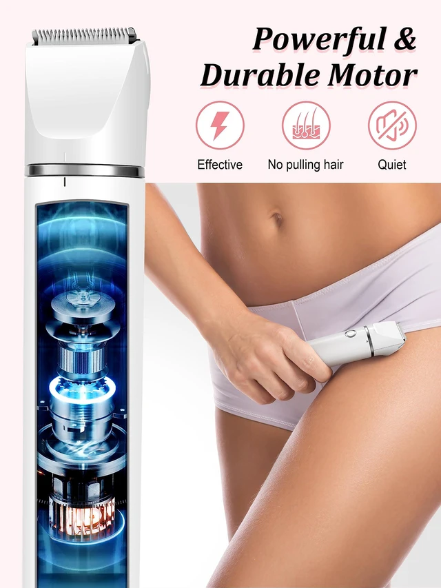 Alt view image 4 of 7 - Bikini Trimmer and Shaver Kit for Women - 2-in-1 Wet/Dry Electric Body Hair Trimmer Facial Hair Removal Cordless Waterproof Bikini Shaver Razor for Face Lip Chin Pubic Underarm Legs (White)