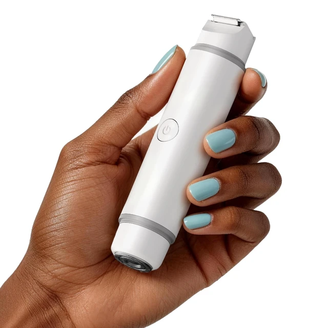 Main image of Bikini Trimmer for Women Dual Head Waterproof Rechargeable (Pearl White) | 2-in-1 Electric Razor for Pubic Hair & Body, Painless Shaver for Sensitive Skin, Cordless Trimmer for Legs & Face Peach Fuzz