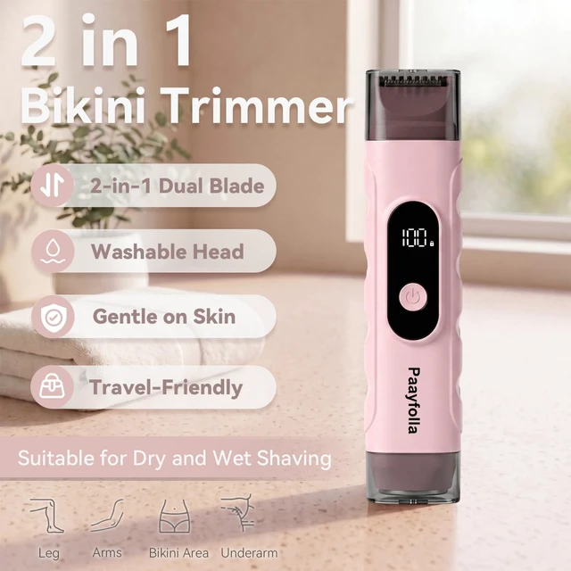 Alt view image 2 of 7 - 2-in-1 Cordless Electric Bikini Trimmer for Women, Waterproof Rechargeable Lady Shaver, Painless Portable Wet & Dry Hair Removal Razor for Face, Leg, Underarm, Travel Friendly,Pink