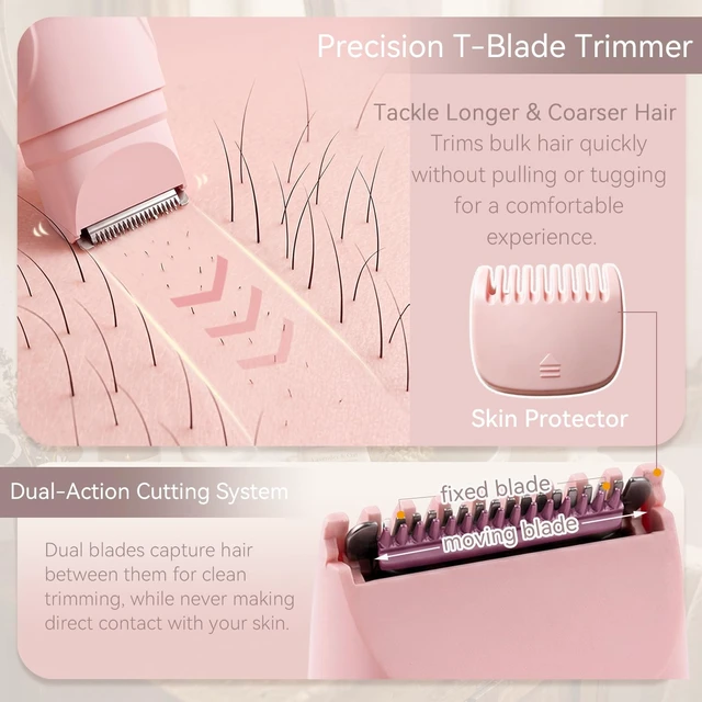 Alt view image 3 of 7 - 2-in-1 Cordless Electric Bikini Trimmer for Women, Waterproof Rechargeable Lady Shaver, Painless Portable Wet & Dry Hair Removal Razor for Face, Leg, Underarm, Travel Friendly,Pink
