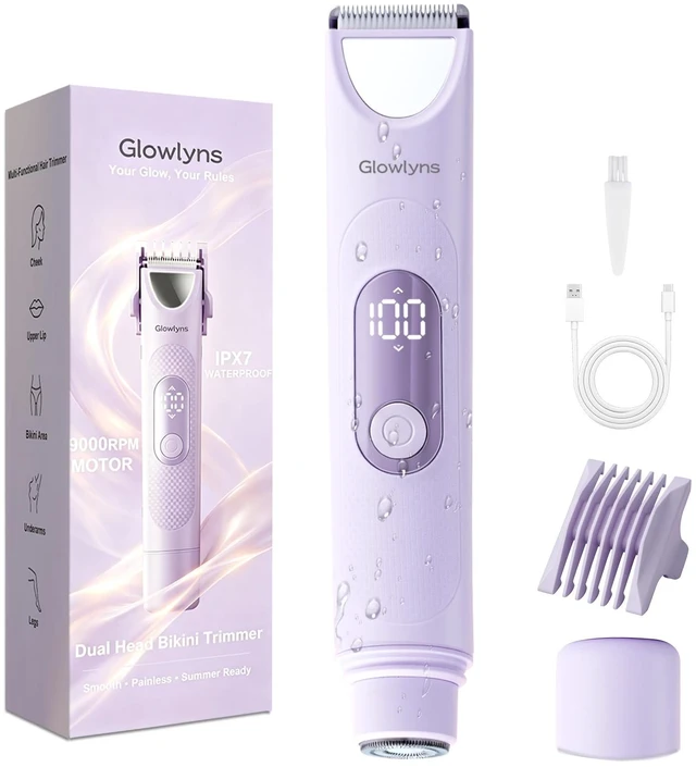 Main image of Dual Head Bikini Trimmer for Women, Electric Razor IPX7 Waterproof | Painless Ceramic Blade, LED Display, Built-in Mirror, Portable Cordless, Body Shaver for Pubic Hair, Face, Legs, Underarms