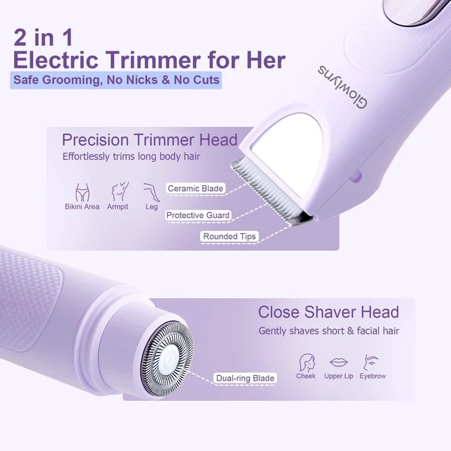 Alt view image 2 of 7 - Dual Head Bikini Trimmer for Women, Electric Razor IPX7 Waterproof | Painless Ceramic Blade, LED Display, Built-in Mirror, Portable Cordless, Body Shaver for Pubic Hair, Face, Legs, Underarms