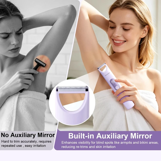 Alt view image 3 of 7 - Dual Head Bikini Trimmer for Women, Electric Razor IPX7 Waterproof | Painless Ceramic Blade, LED Display, Built-in Mirror, Portable Cordless, Body Shaver for Pubic Hair, Face, Legs, Underarms