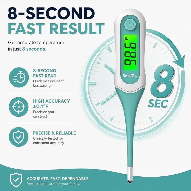 Alt view image 3 of 7 - Digital Oral Thermometer for Adults Kids, 8Second Fast Reading Soft Flexible Tip Thermometer, 3Color Backlight Fever Alarm, Waterproof, Oral Rectal Underarm Use,with Storage Case