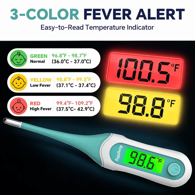 Alt view image 2 of 7 - Digital Oral Thermometer for Adults Kids, 8Second Fast Reading Soft Flexible Tip Thermometer, 3Color Backlight Fever Alarm, Waterproof, Oral Rectal Underarm Use,with Storage Case