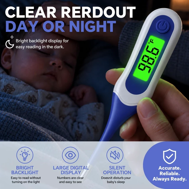 Alt view image 5 of 7 - Digital Oral Thermometer for Adults Kids, 8Second Fast Reading Soft Flexible Tip Thermometer, 3Color Backlight Fever Alarm, Waterproof, Oral Rectal Underarm Use,with Storage Case Dark Blue