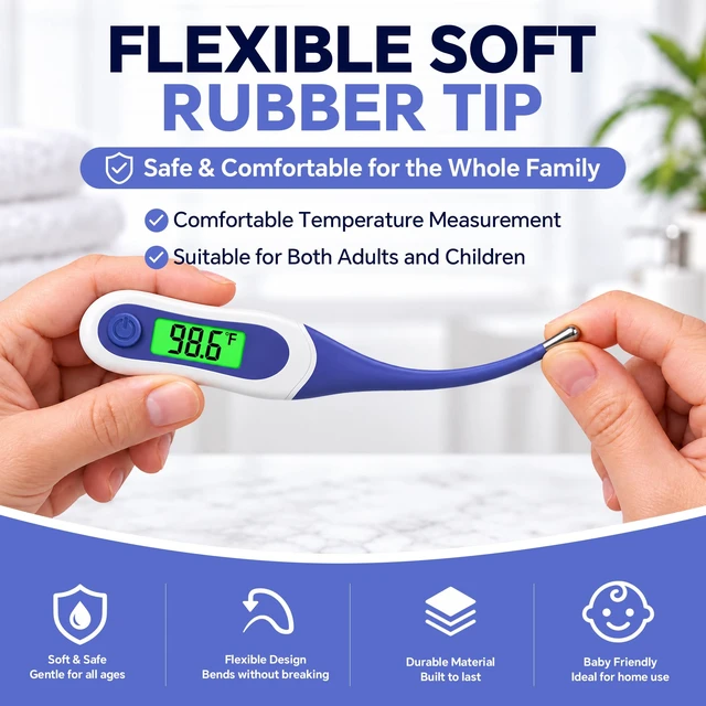 Alt view image 4 of 7 - Digital Oral Thermometer for Adults Kids, 8Second Fast Reading Soft Flexible Tip Thermometer, 3Color Backlight Fever Alarm, Waterproof, Oral Rectal Underarm Use,with Storage Case Dark Blue