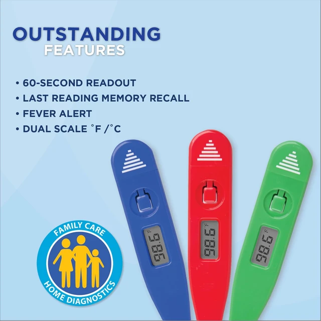 Alt view image 3 of 7 - 60-Second Digital Thermometer, 9-Count Display | Assorted Colors, Fever Alert at 100.0°F, Oral, Rectal & Underarm Use, Memory Recall, Storage Case